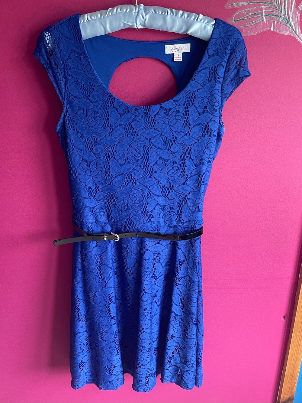 Candie's Royal Blue Lace Fit-and-Flare Dress with Keyhole Back